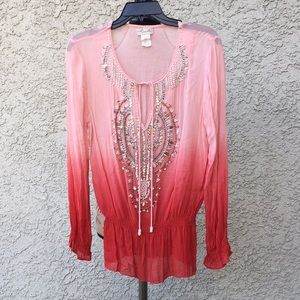 Ludi Ombré Gradient Red Pink Dip Dyed Embellished Beaded Sequin Blouse Shirt 👚